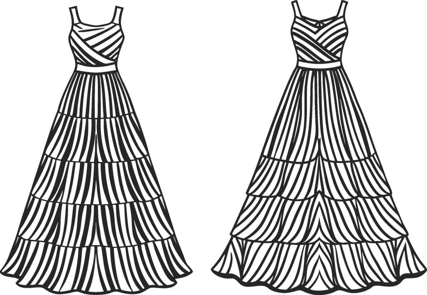Asymmetrical Tiered Maxi Dress Line Art vector
