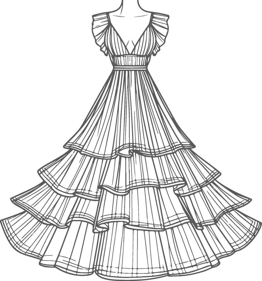 Wide Flare Tiered Maxi Dress Line Art vector