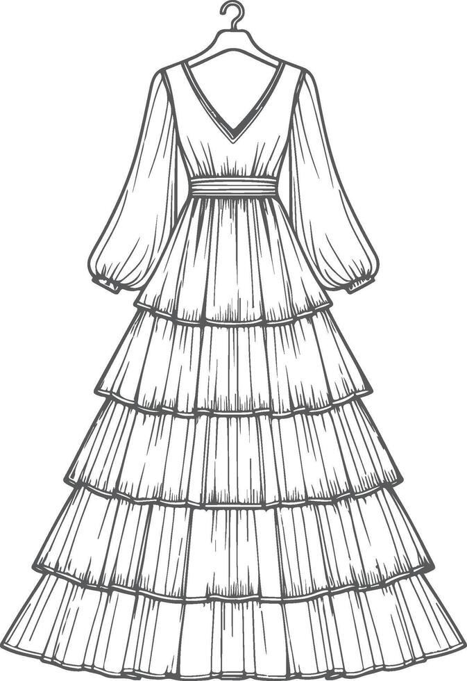 Short Puff Sleeve Tiered Maxi Dress Line Art vector