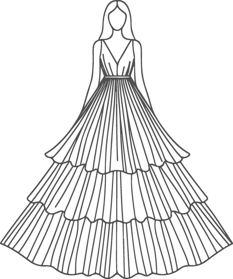 Detailed Vintage Tiered Maxi Dress Outline vector