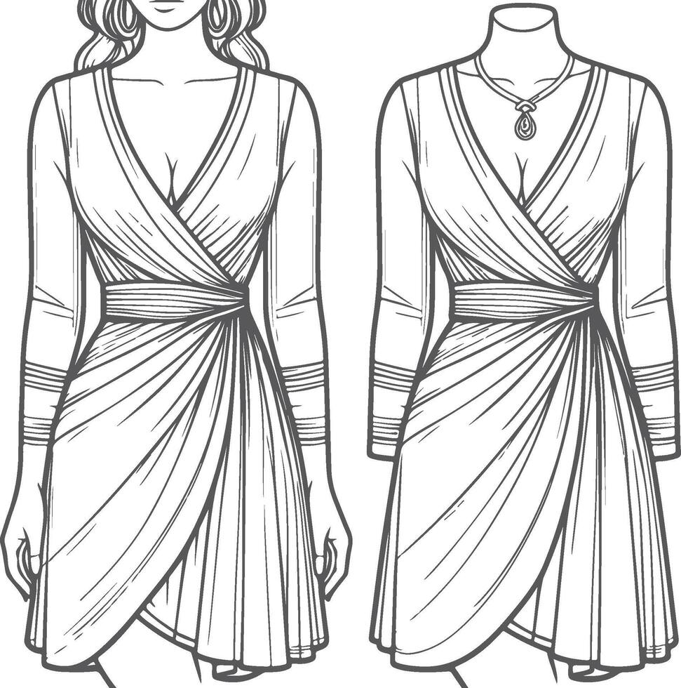 Tiered Sleeve Wrap Dress Sketch Outline vector
