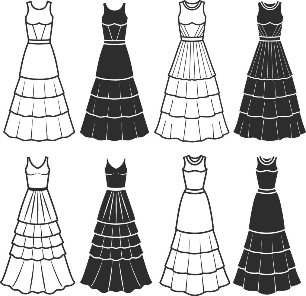 Detailed Stitch Tiered Maxi Gown Outline vector