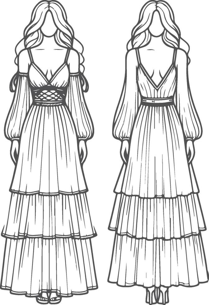 Grils Retro High-Low Tiered Maxi Dress Sketch vector