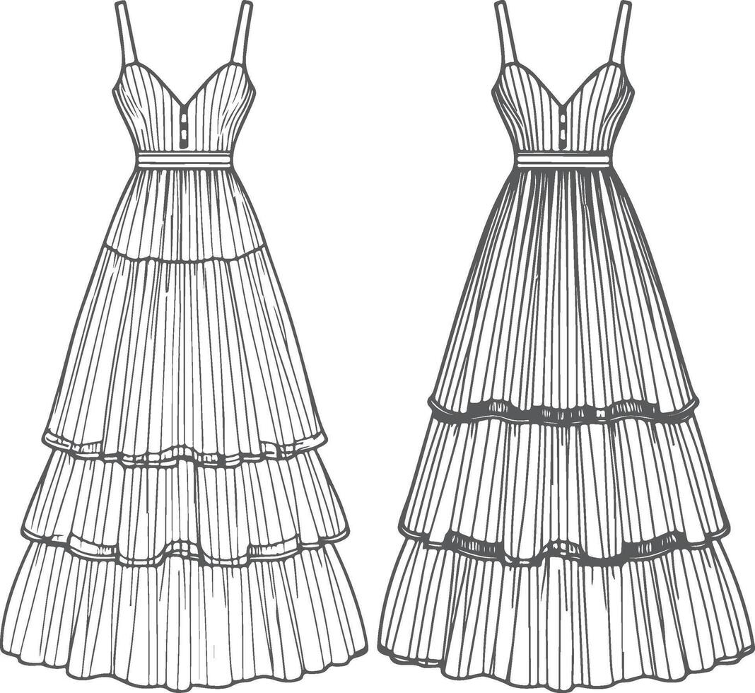 Button-Up Ruffle Tiered Maxi Gown Sketch vector