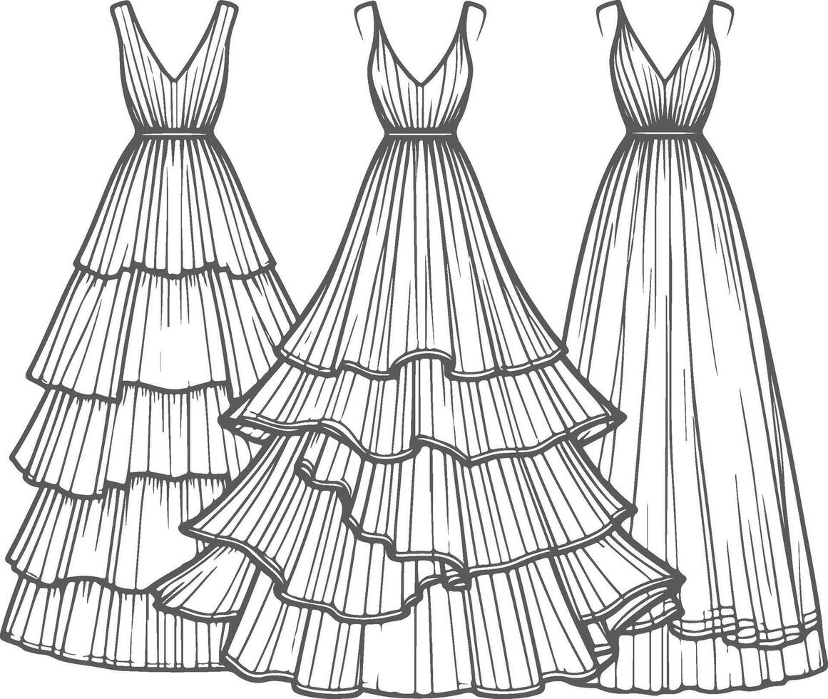 Boho Tunic Style Tiered Maxi Dress Sketch Design vector