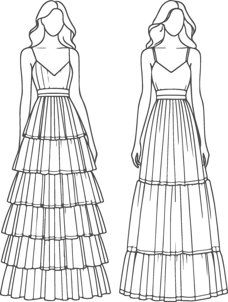 Flared Hem Tiered Maxi Dress Outline Design vector