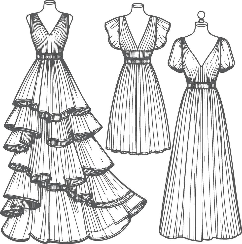Tiered Maxi Gown with Lace Overlay Line Art vector