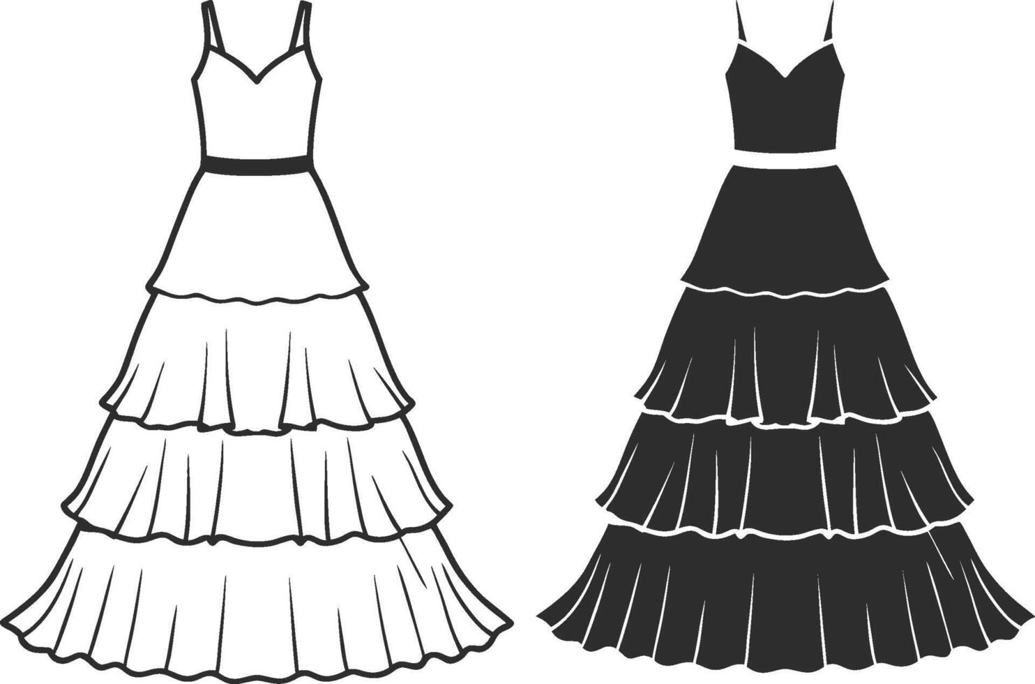 Layered Ruffle Tiered Maxi Dress Line Art vector