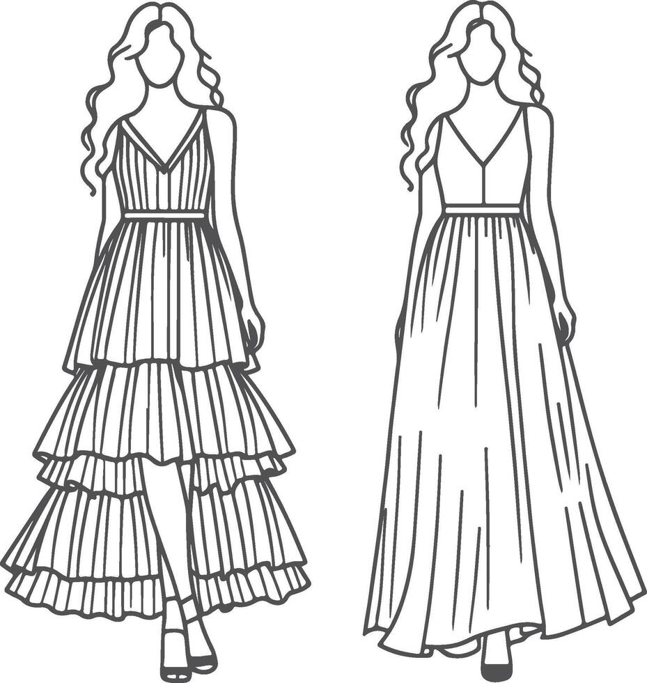 Grils Relaxed Fit Tiered Maxi Dress Sketch Design vector