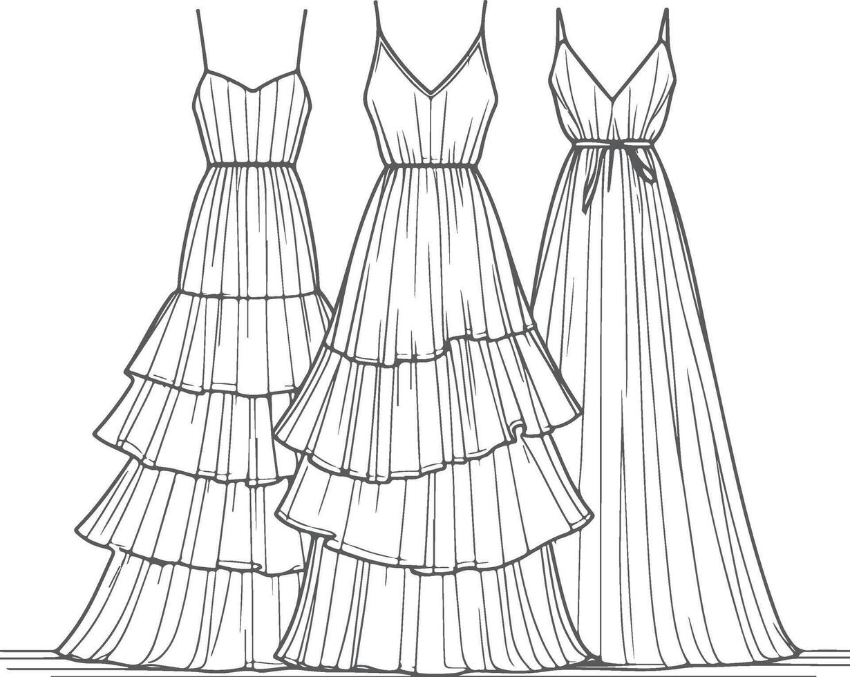 Sophisticated Tiered Maxi Dress with Belt Sketch vector