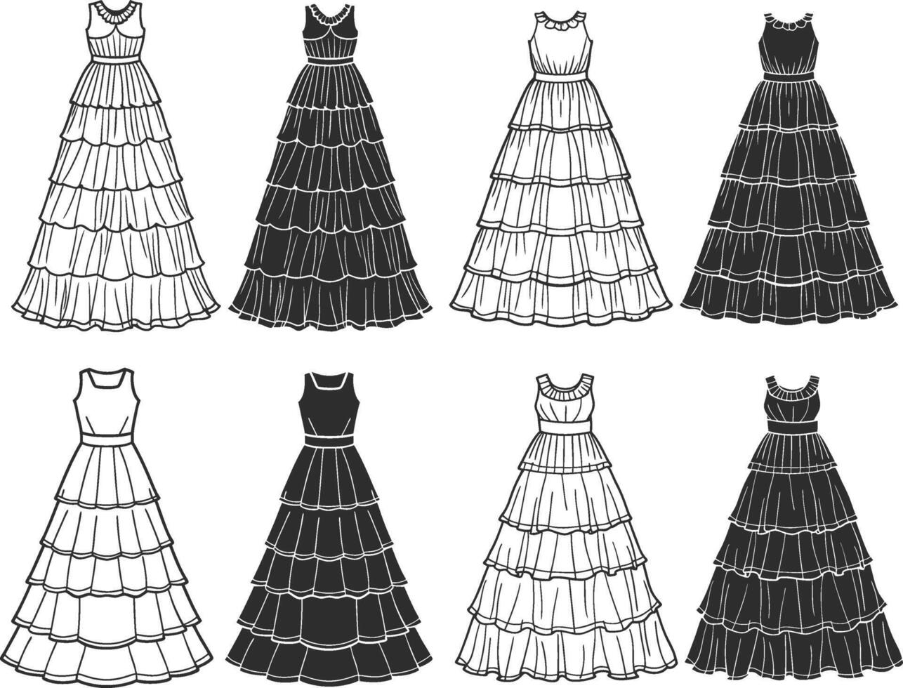 Formal Tiered Maxi Gown Line Art Design vector