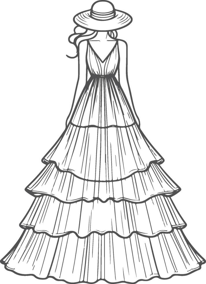 Boho Print Tiered Maxi Dress Line Art Design vector