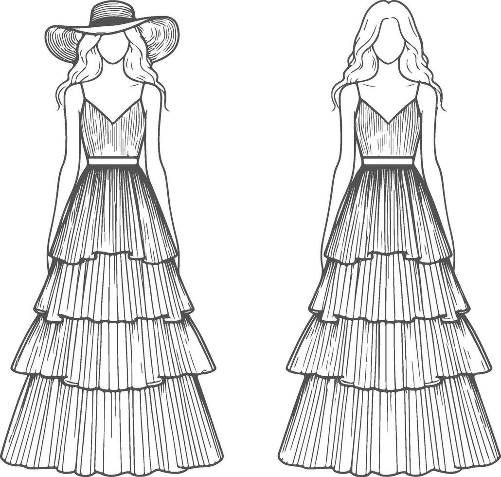 Lace Accent Tiered Maxi Dress Outline Design vector