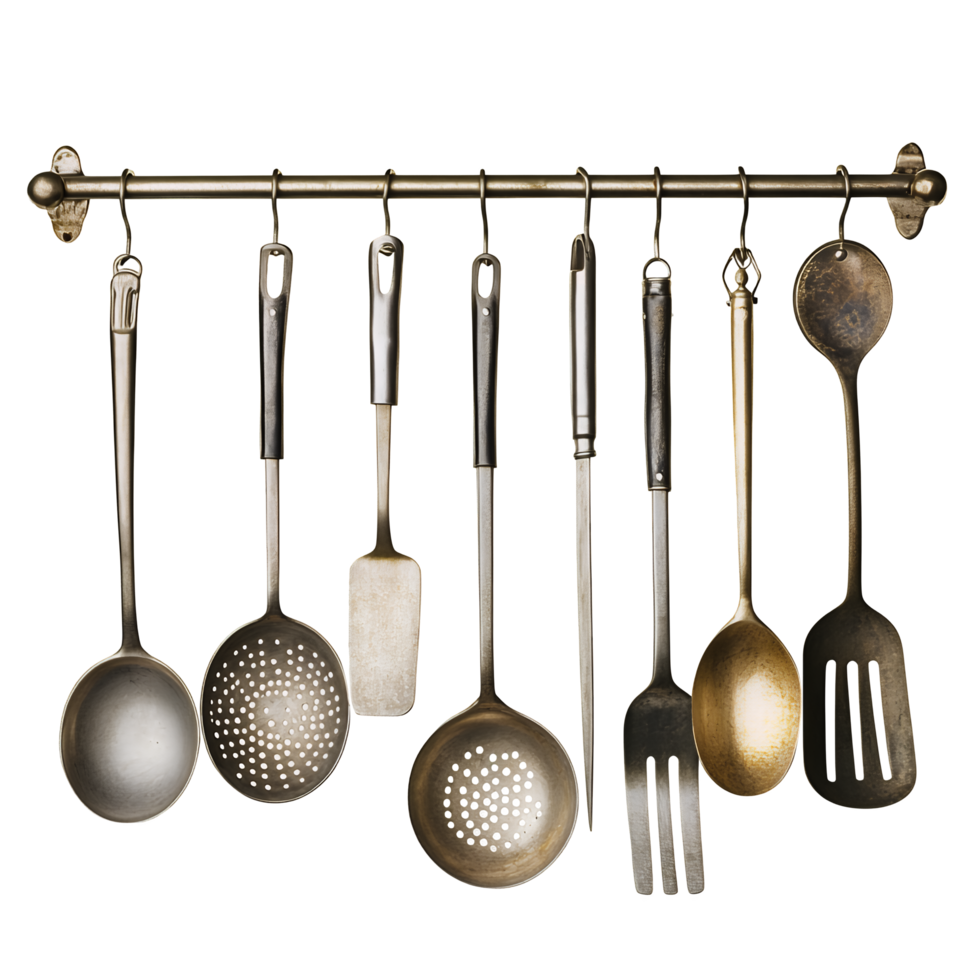 Rare Kitchen Utensils Hanging on Metal Bar Isolated on Transparent Background png