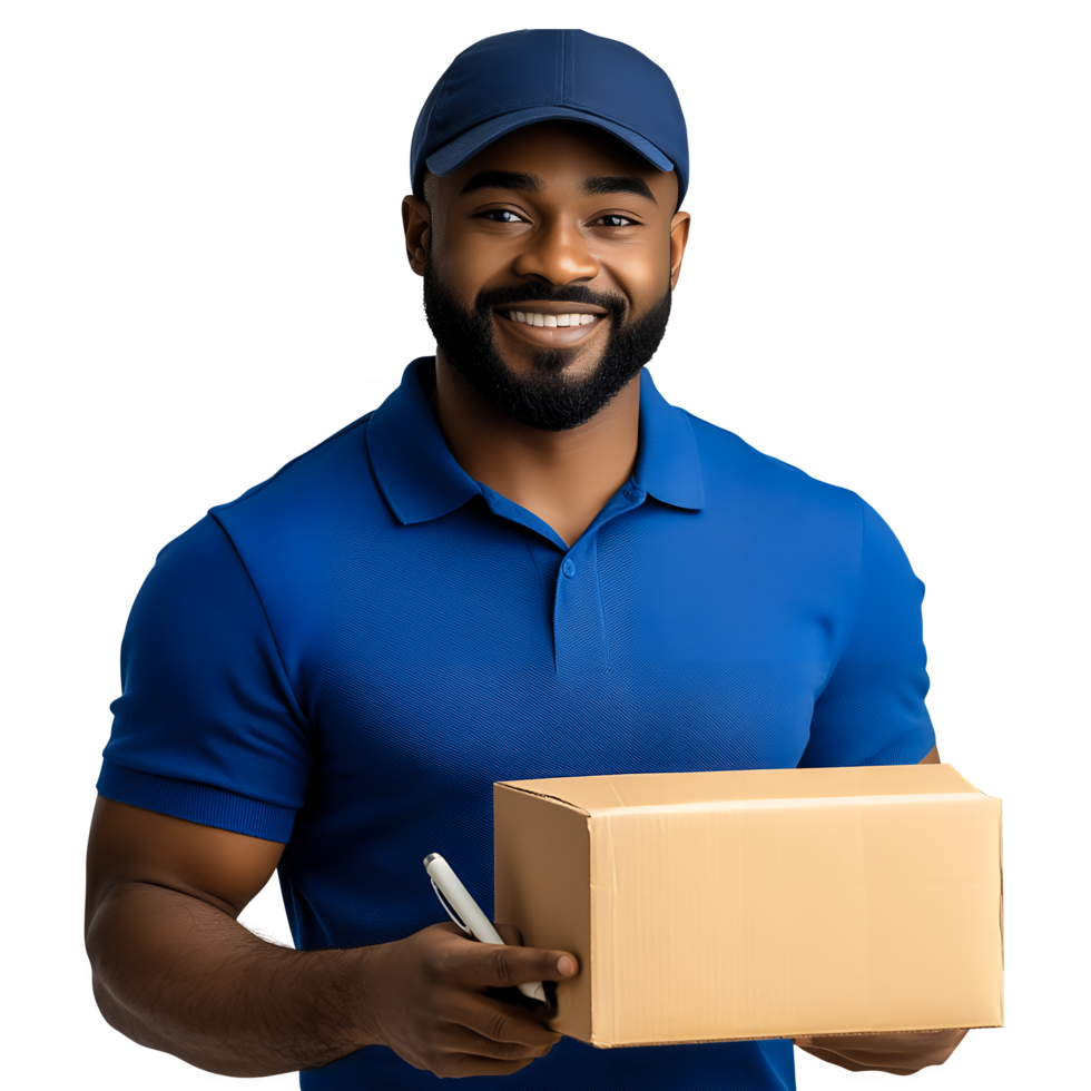 Delivery Man Smiling with a Cardboard Box and Pen on Transparent Background png