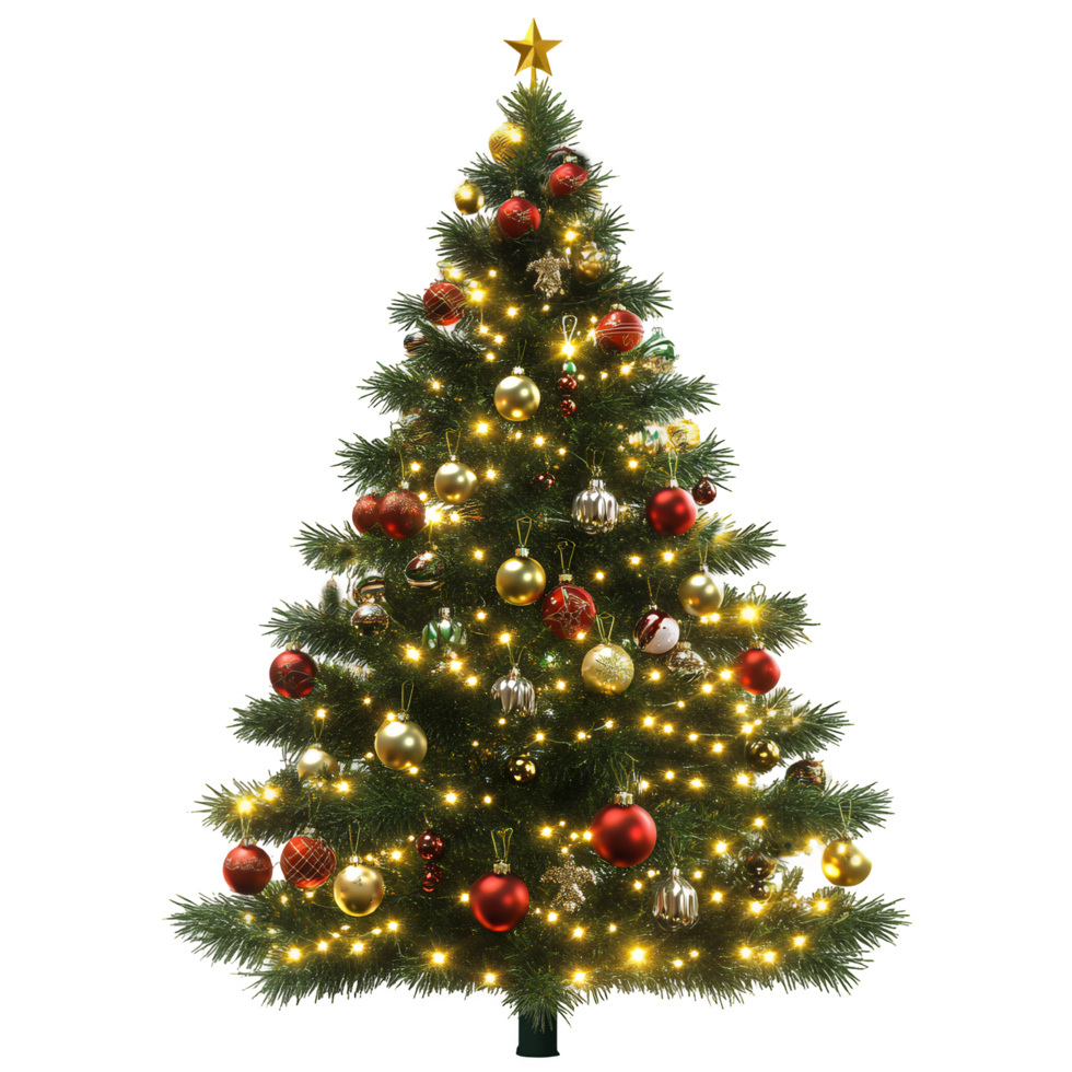 Decorated Christmas Tree with Festive Lights Isolated on Transparent Background png