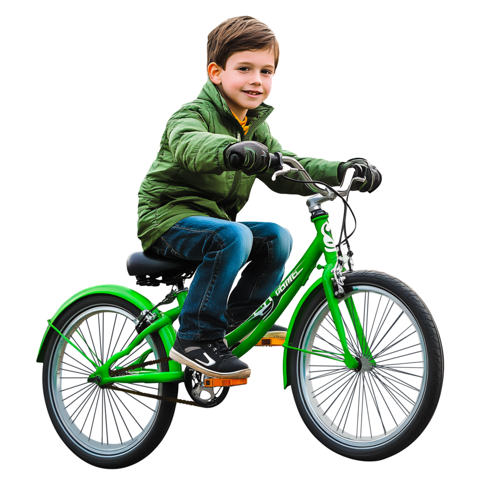 Young Boy on a Green Bike in Motion Isolated on Transparent Background png