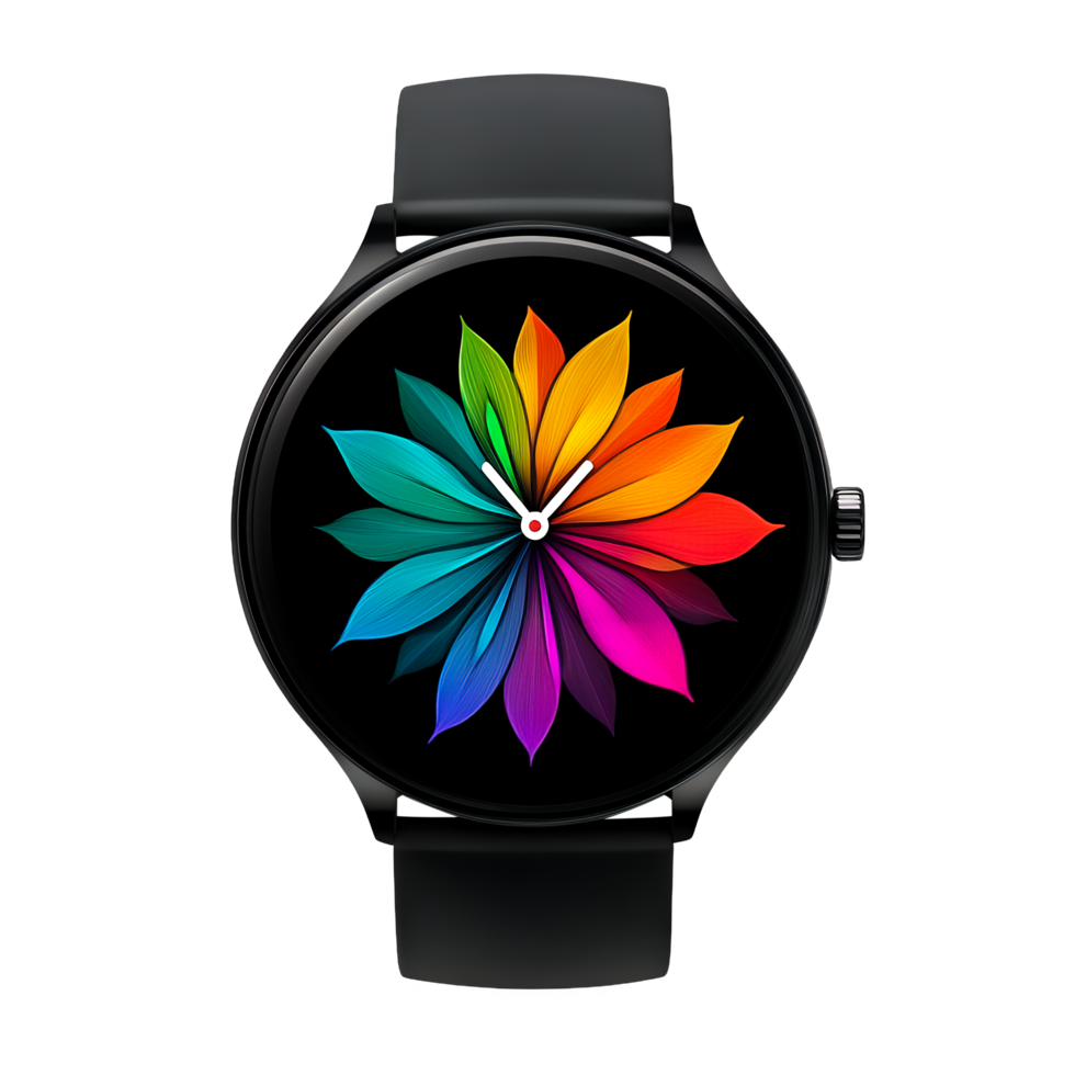 Smartwatch with Circular Face and Colorful Petals Display png