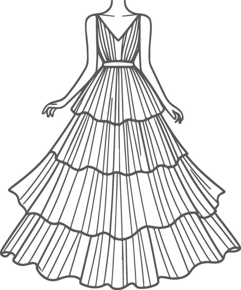 Empire Tiered Maxi Gown Line Art vector