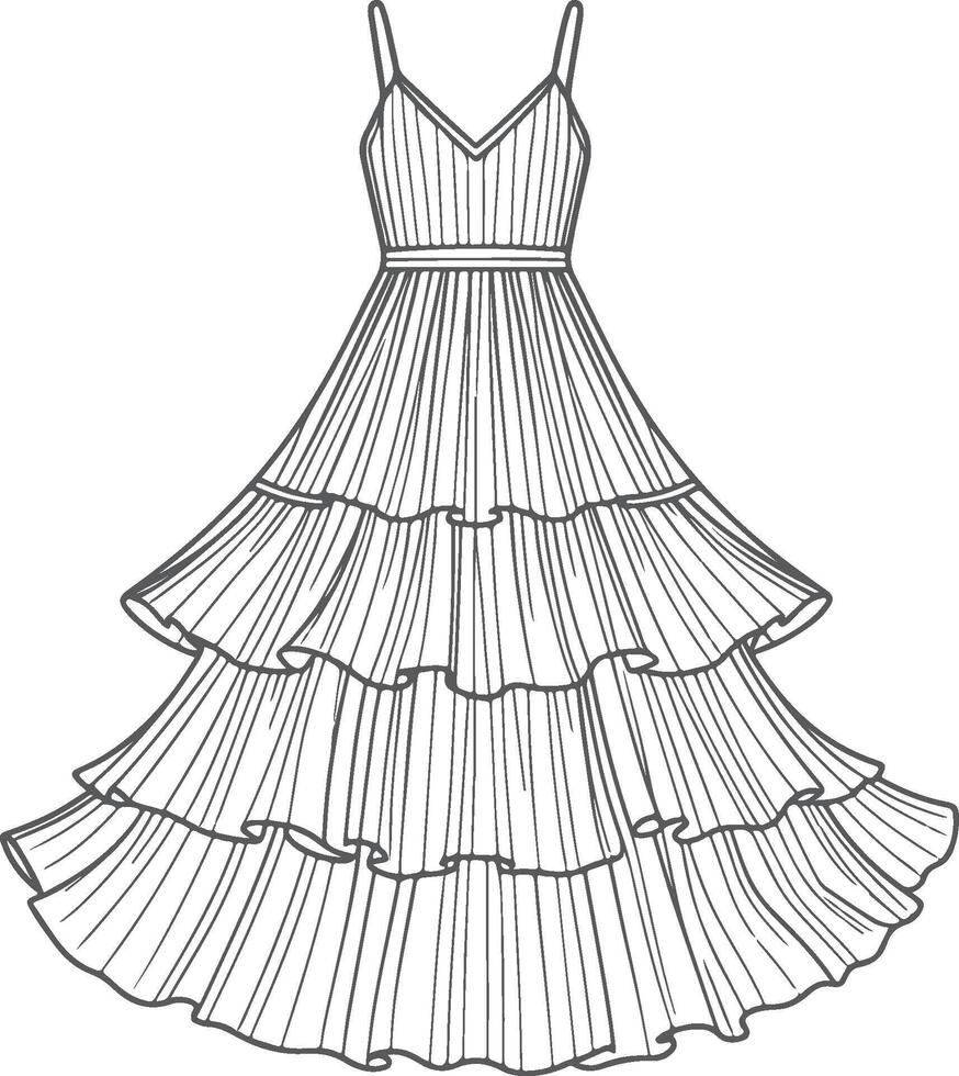 Festival Maxi Dress with Tiered Layers Line Art vector