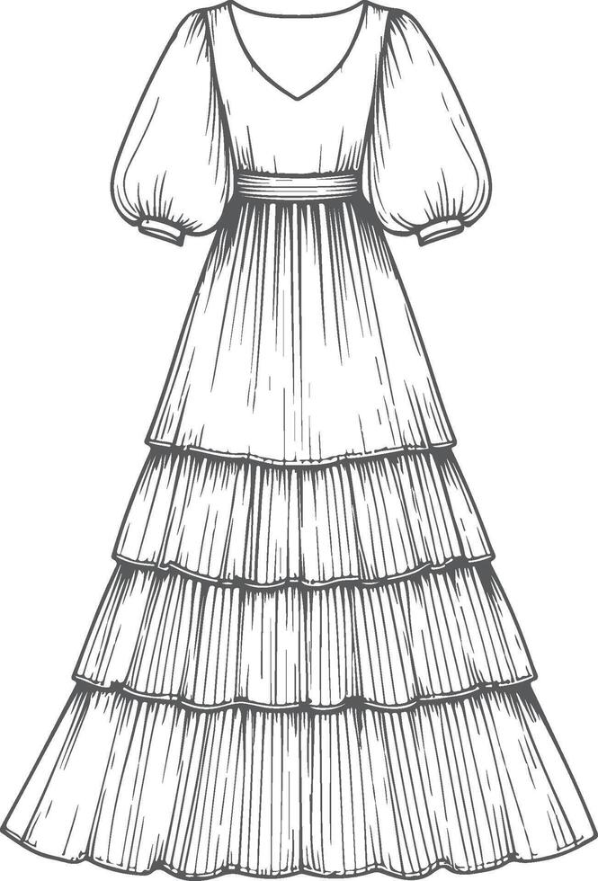 Soft Satin Tiered Maxi Dress Line Art Design vector