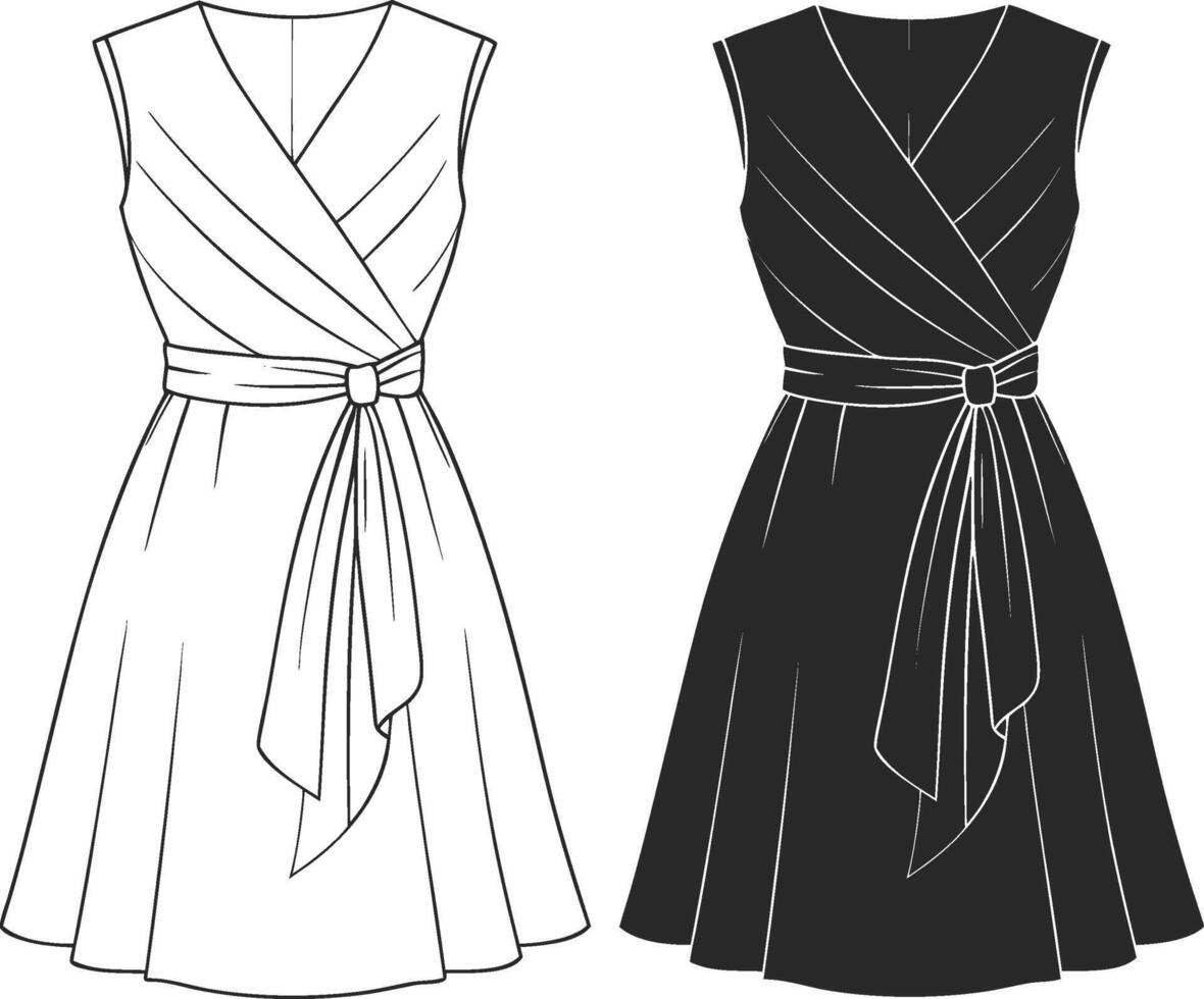 Vintage Flared Wrap Dress Outline vector
