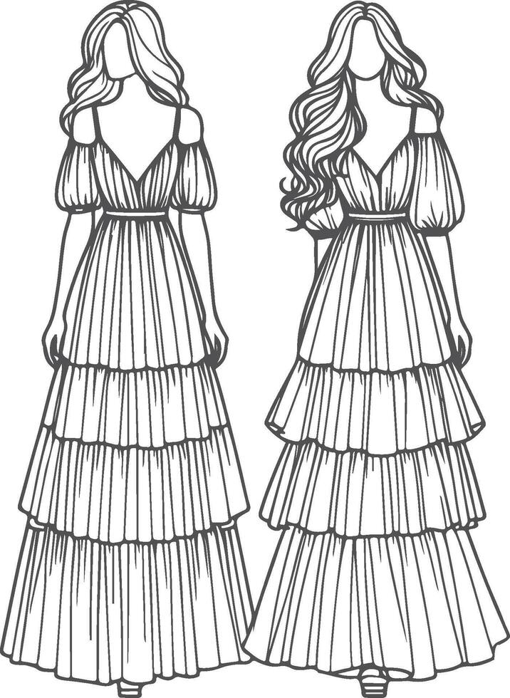 Sophisticated Layered Tiered Maxi Dress Sketch vector