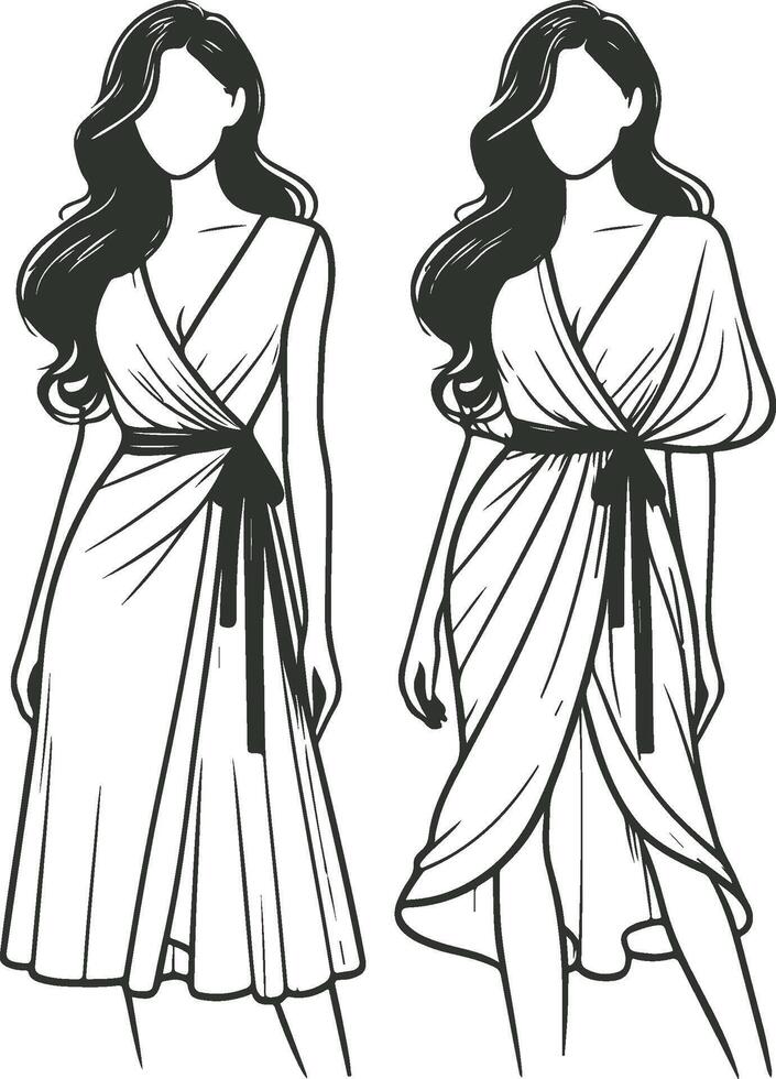 Modern Wrap Dress with grils Collar Sketch vector