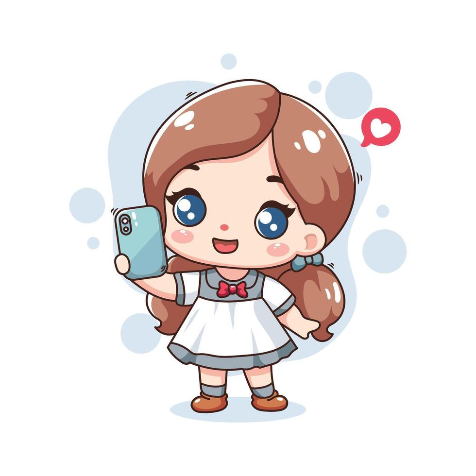 Cute little girl in school uniform using smartphone. illustration. vector