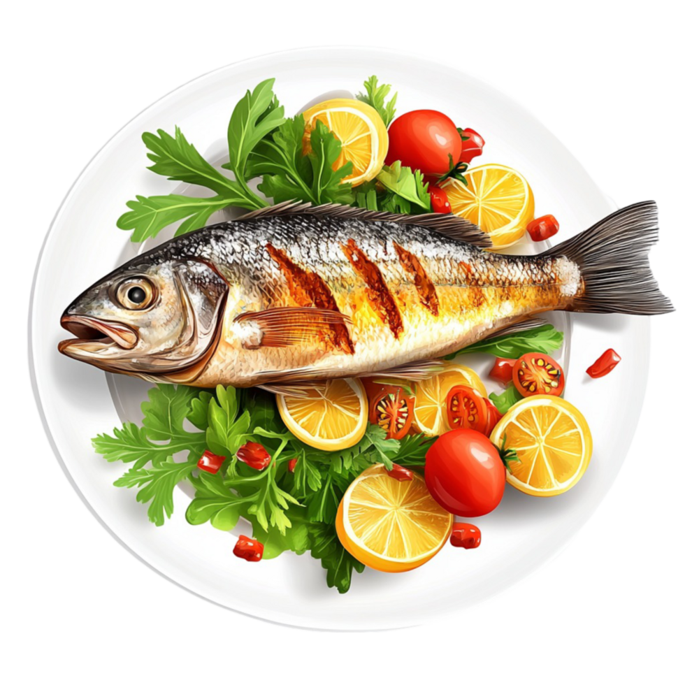 Tilapia Fish with Grilled Vegetables Isolated on Transparent Background png
