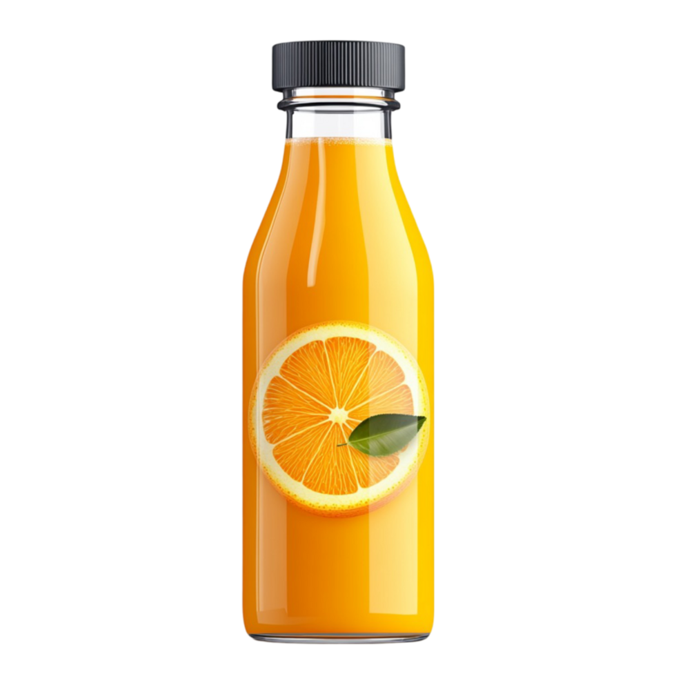 Orange Juice in Glass Bottle and Realistic Orange Isolated on Clean White Background png