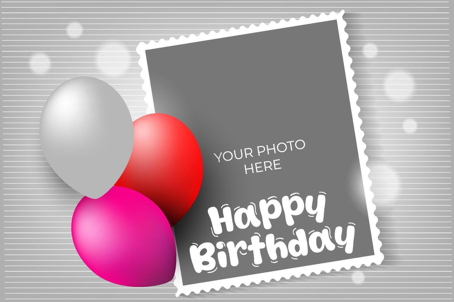 Cute happy birthday card with balloons and photo frame vector