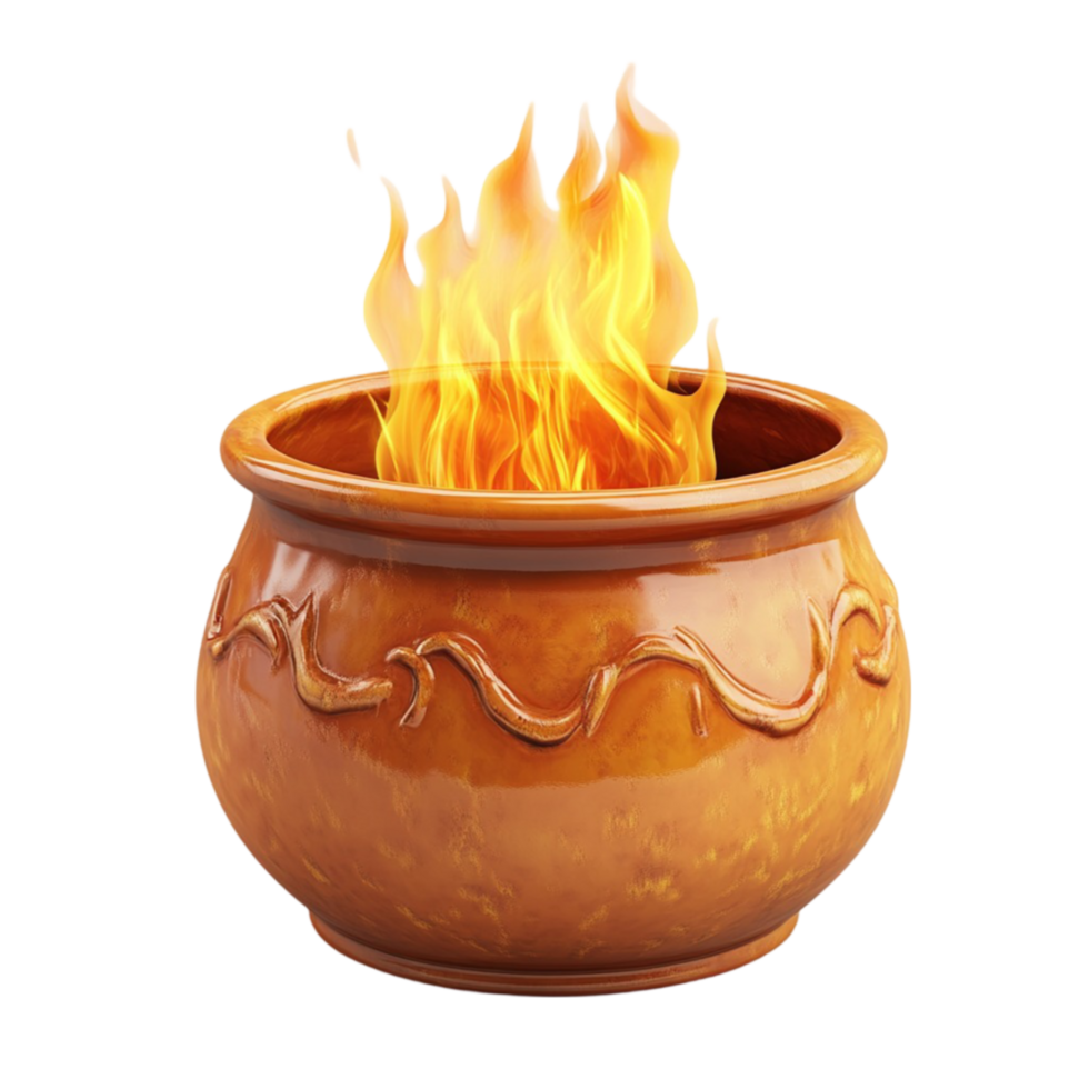 Clay Pot with Fire Flame and Orange Hue png