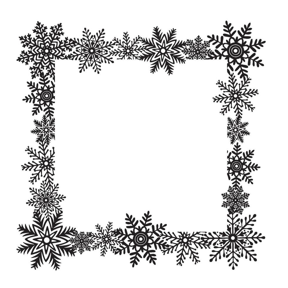 Snowflakes square frame. Template postcard with copy space. graphic illustration for Christmas or New Year. Ice stars for winter holiday design. Isolated clipart for web design, print, wrapping vector