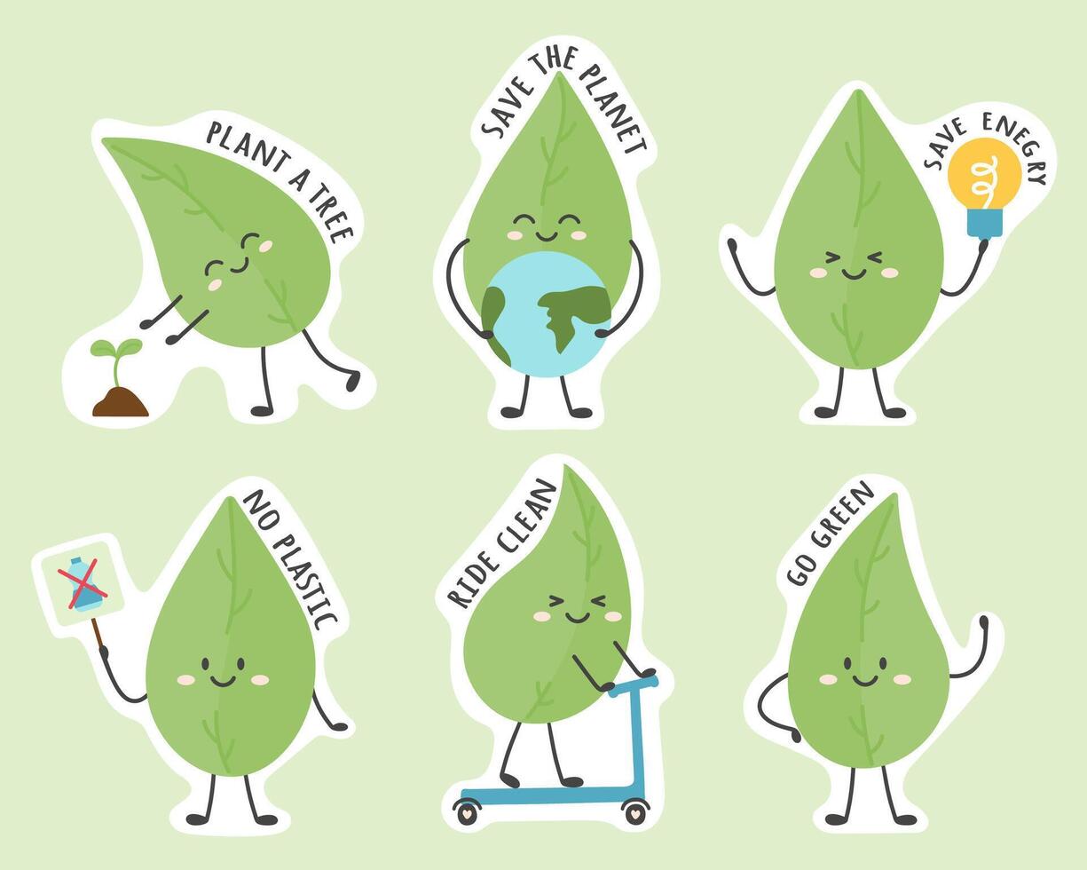 Ecology stickers set with leaf cute characters vector