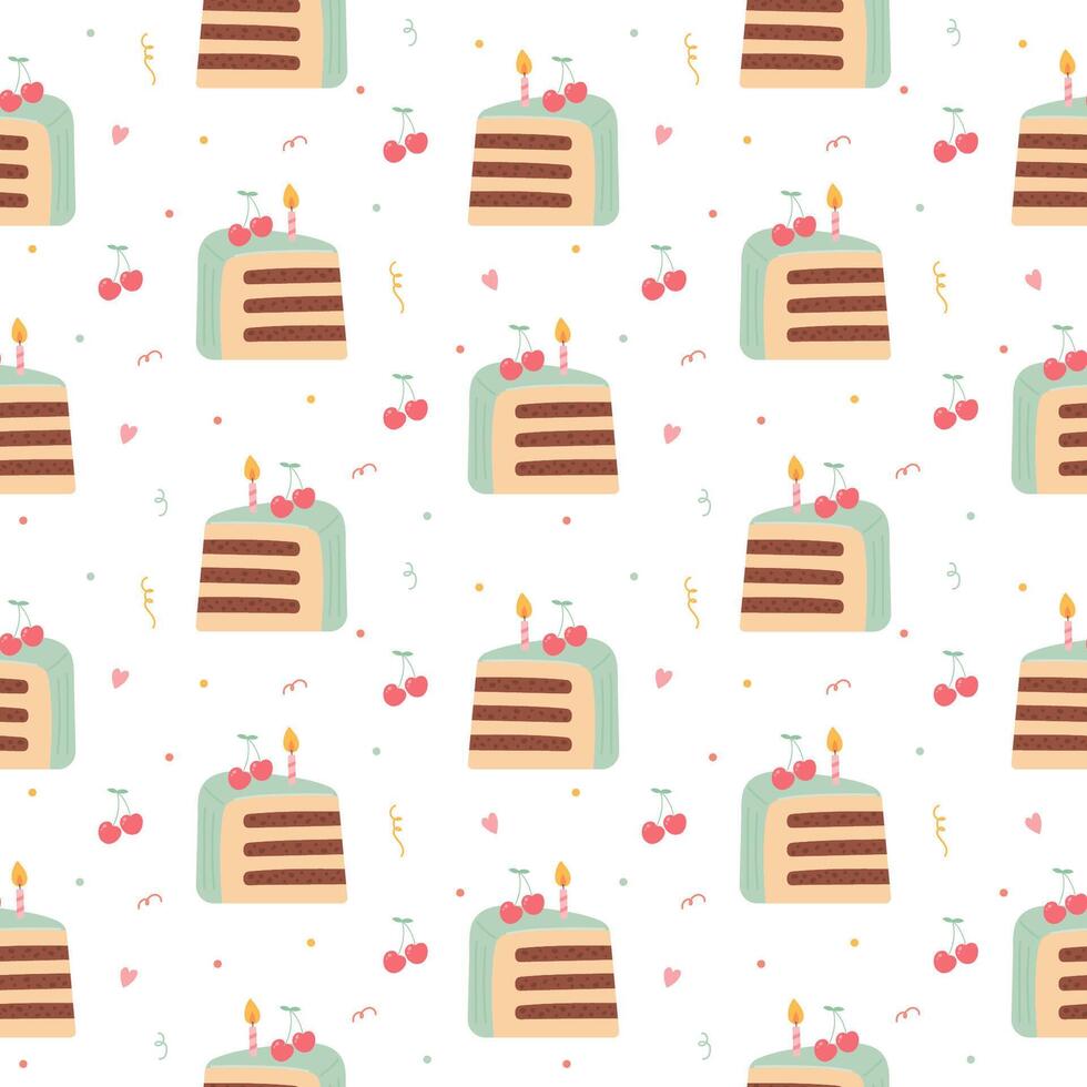 Seamless pattern with birthday piece of cake vector