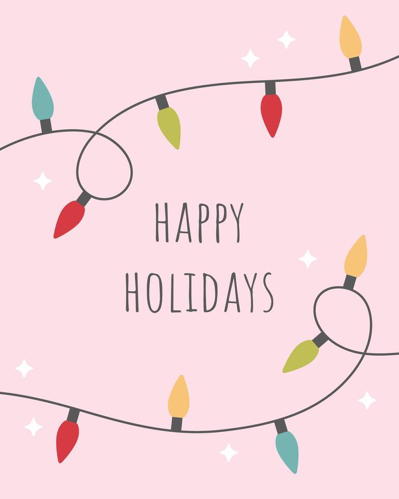 Christmas card with colourful light bulbs garland vector