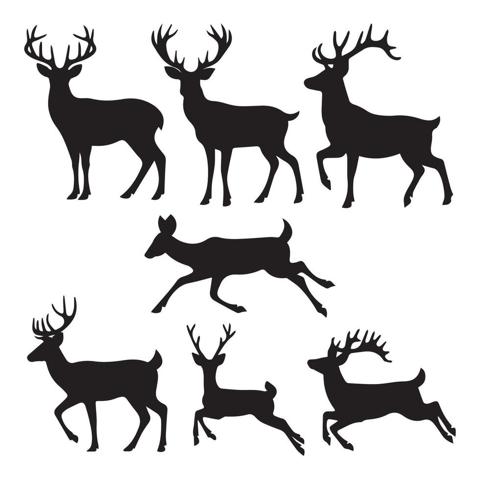 Set of wild deer silhouettes in flat style isolated on white background. illustration vector