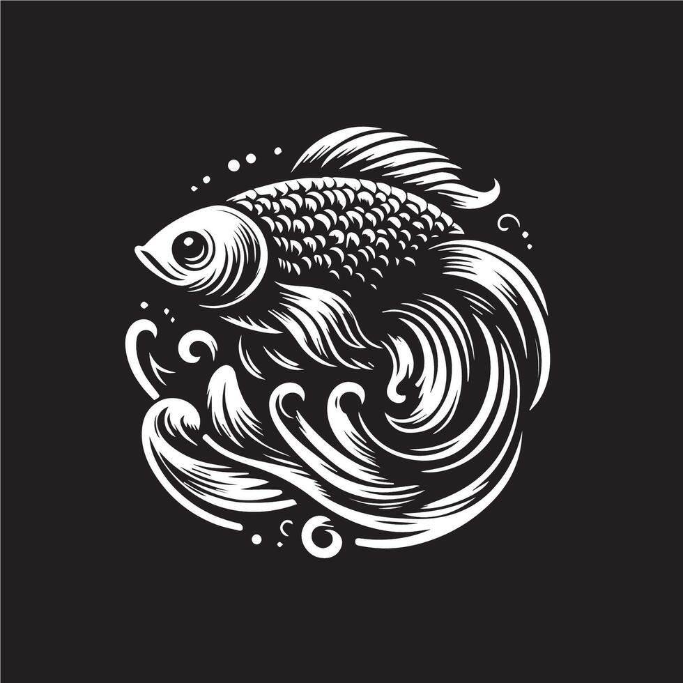 illustration of a fish in a circle on black background vector