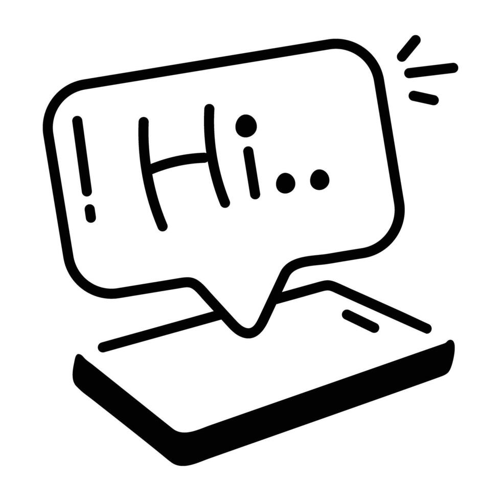 Doodle icon of a smartphone with a speech bubble saying hi, representing mobile chat vector