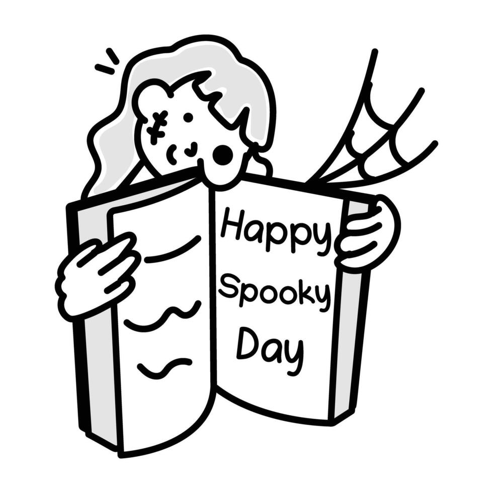 Hand drawn icon of spooky day character with halloween book vector