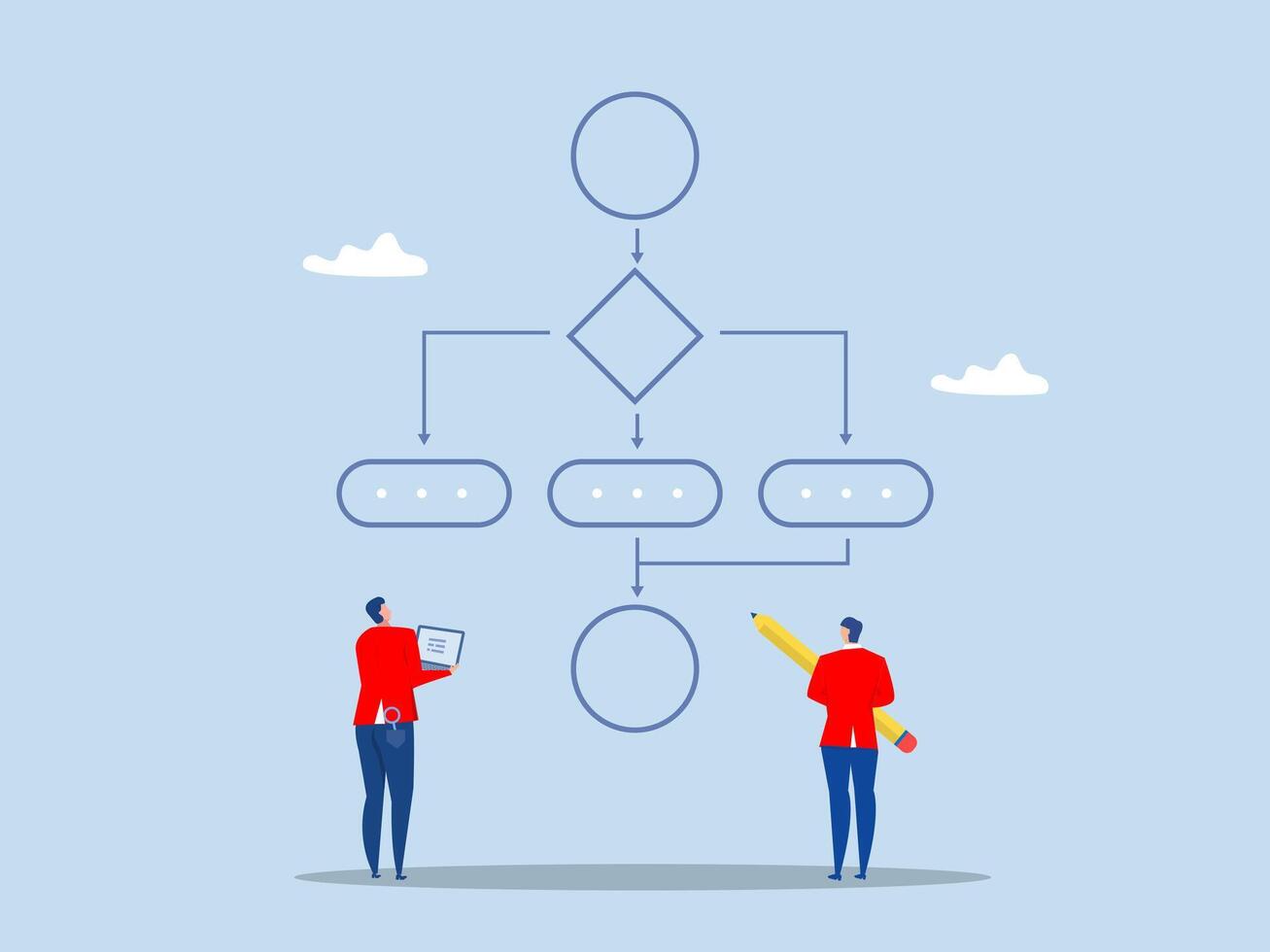 Team business workflow process with sticky notes creating optimization scheme, flowchart to get result, Strategy to implement concept, Strategic planning, Business plan vector