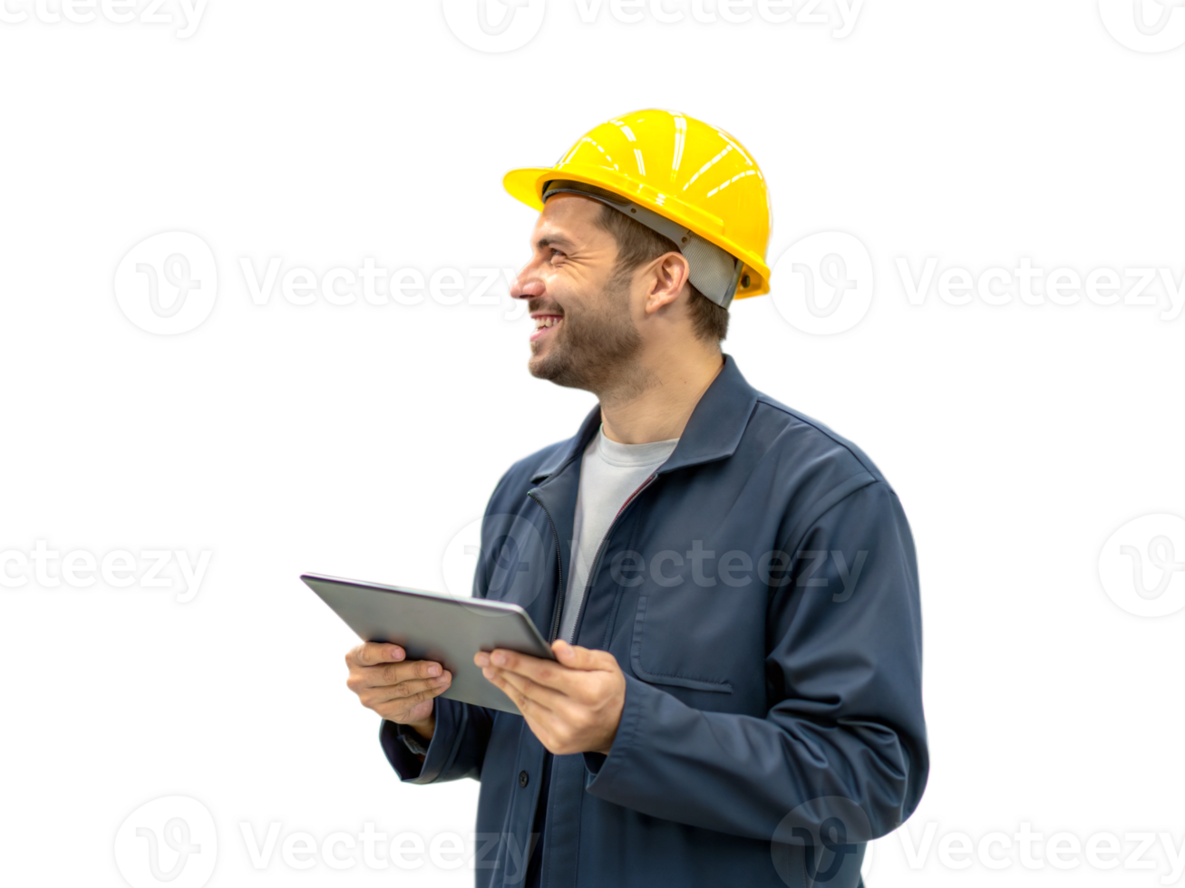 Portrait of happy worker engineer with yellow helmet holding tablet, industry operative, people at work isolated on transparent background png