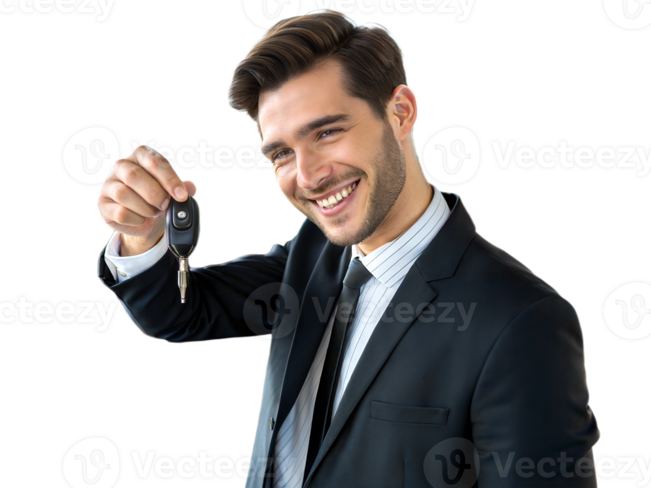 Portrait of elegant handsome young man holding car keys of new car, auto salesman, people isolated on transparent background png