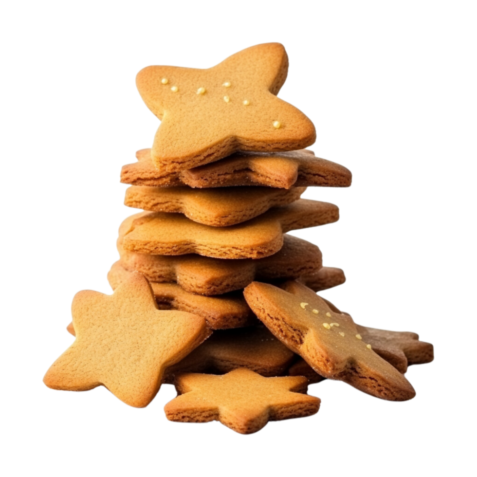 Heap pile of star shaped Gingerbread Cookies stacked together isolated on transparent background png