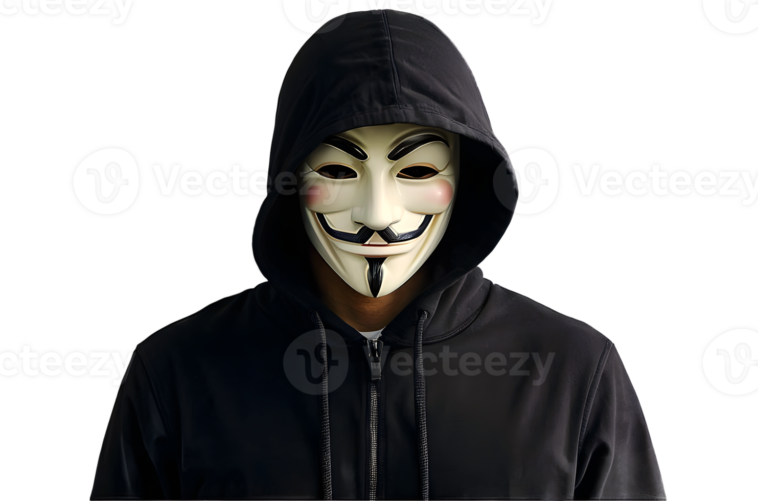 Portrait of man in black hoodie wearing vendetta mask, hacker, anonymous, person isolated on transparent background png