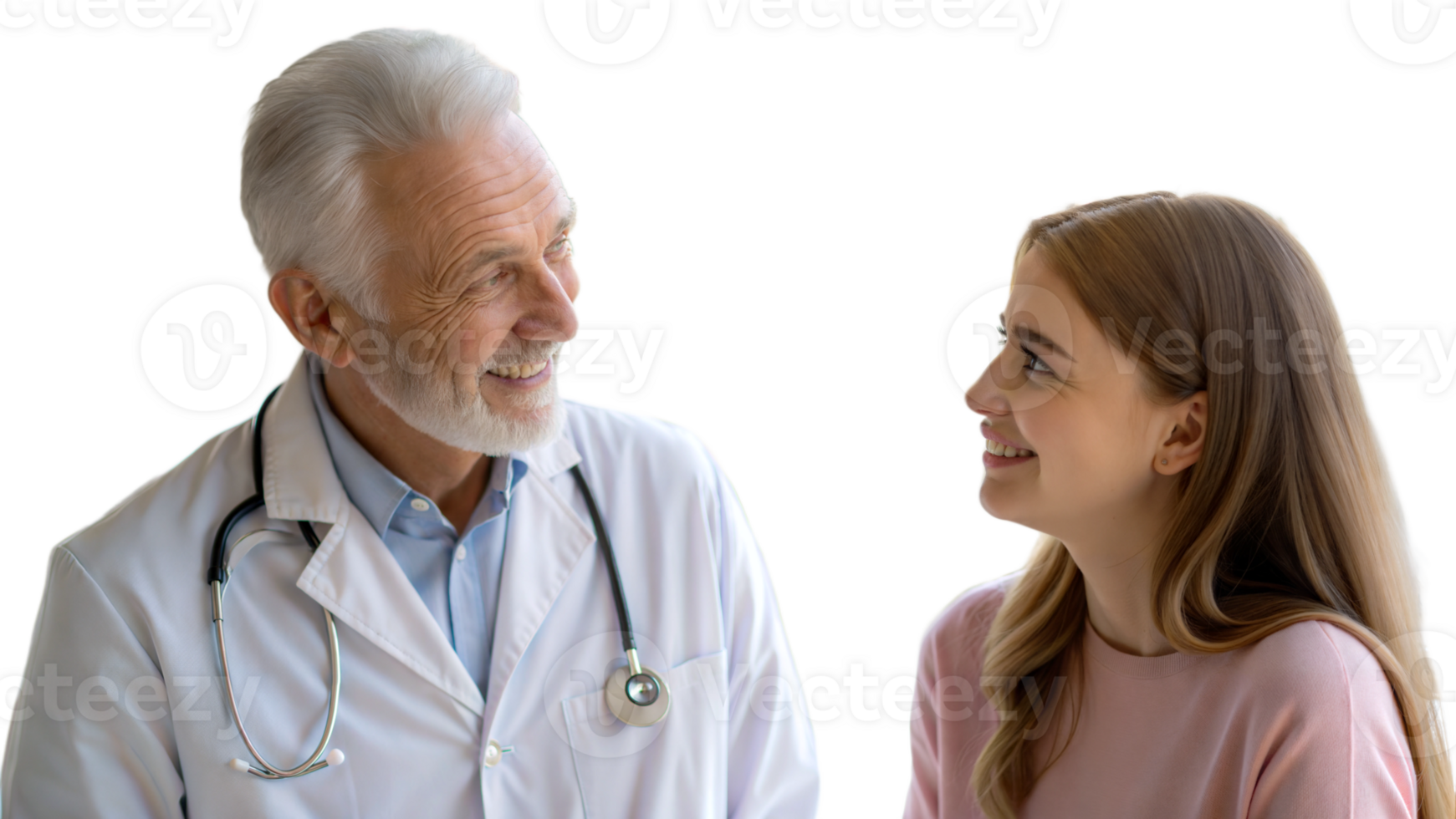 Portrait of elderly handsome doctor talking to young female patient isolated on transparent background png