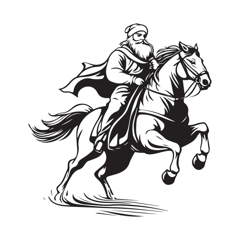 Black and white Santa Claus riding a horse with a bag stock image isolated on white background. vector