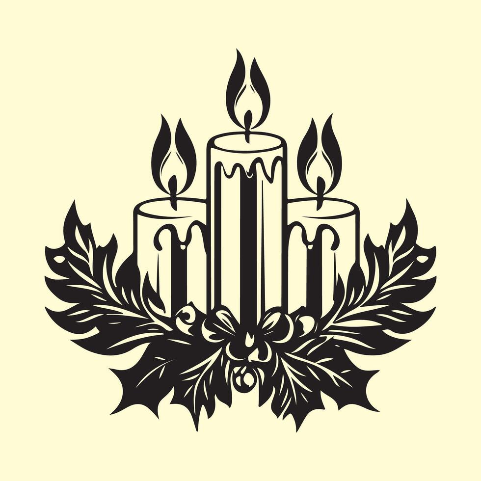 Black and white Christmas candle with holly leaves stock image on white background vector