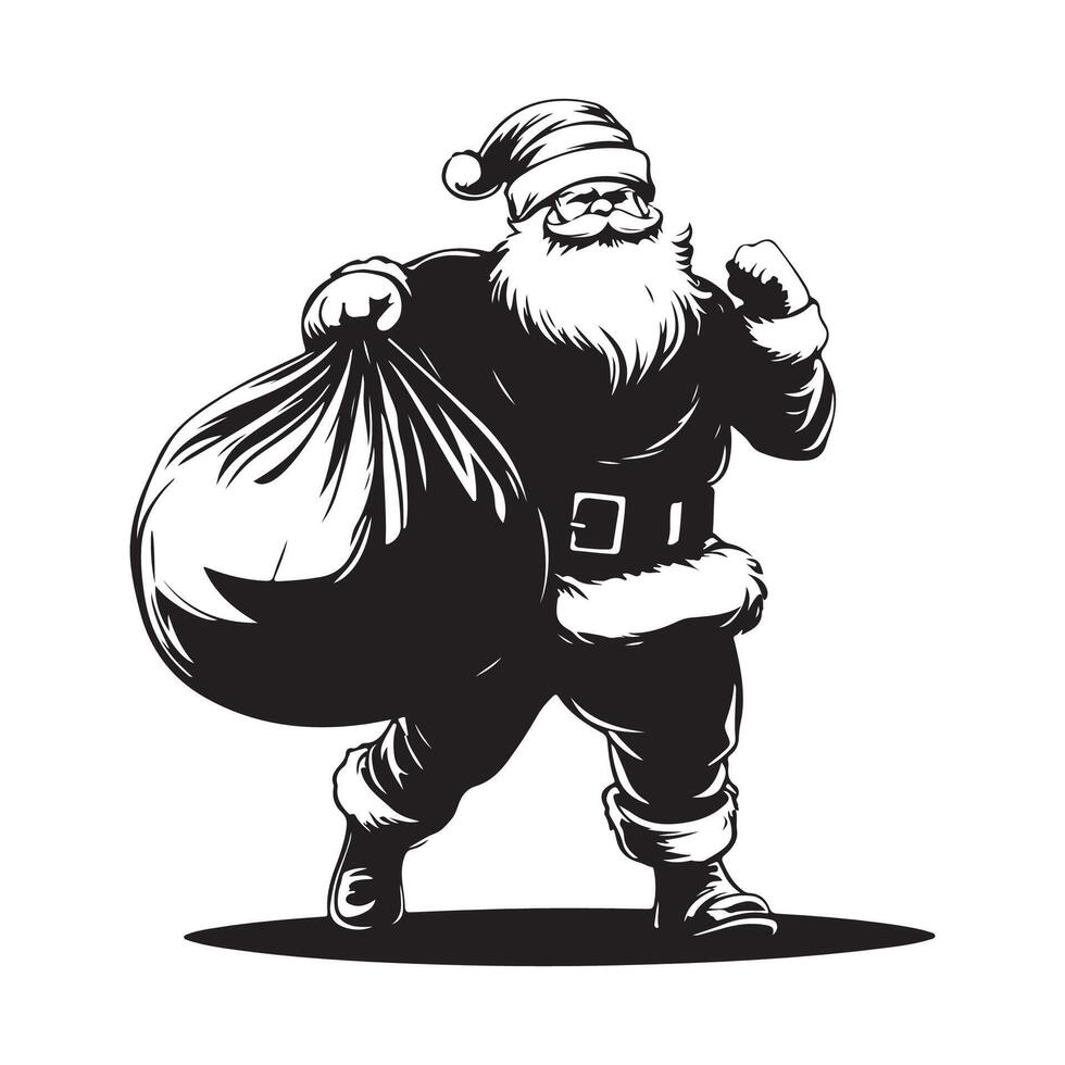 Silhouette Santa Claus Walking with Full Bag Stock image isolated on white background vector